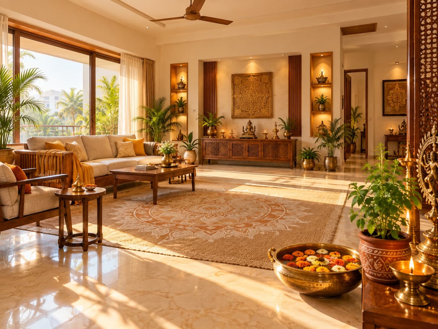A bright, balanced home interior arranged according to Vaastu